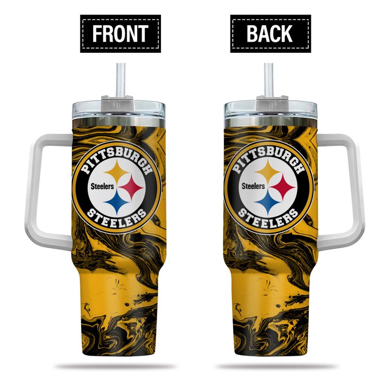 Pittsburgh Steelers Tumbler - Insulated Travel Mug with Handle & Straw