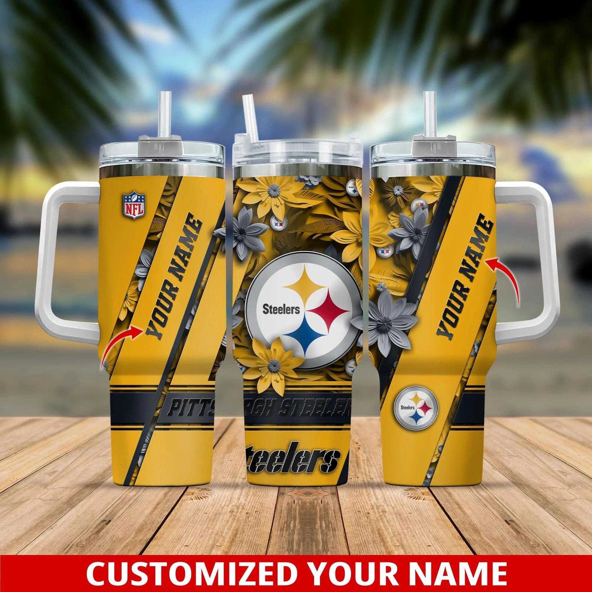 Custom Steelers Tumbler with Handle - Personalized NFL Fan Gift