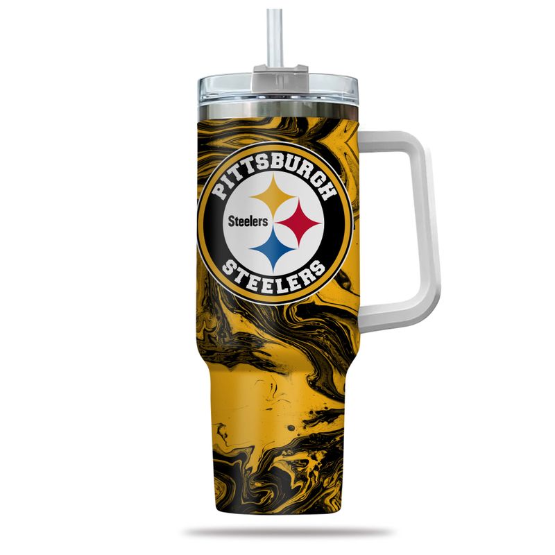 Pittsburgh Steelers Tumbler - Insulated Travel Mug with Handle & Straw - Image 2