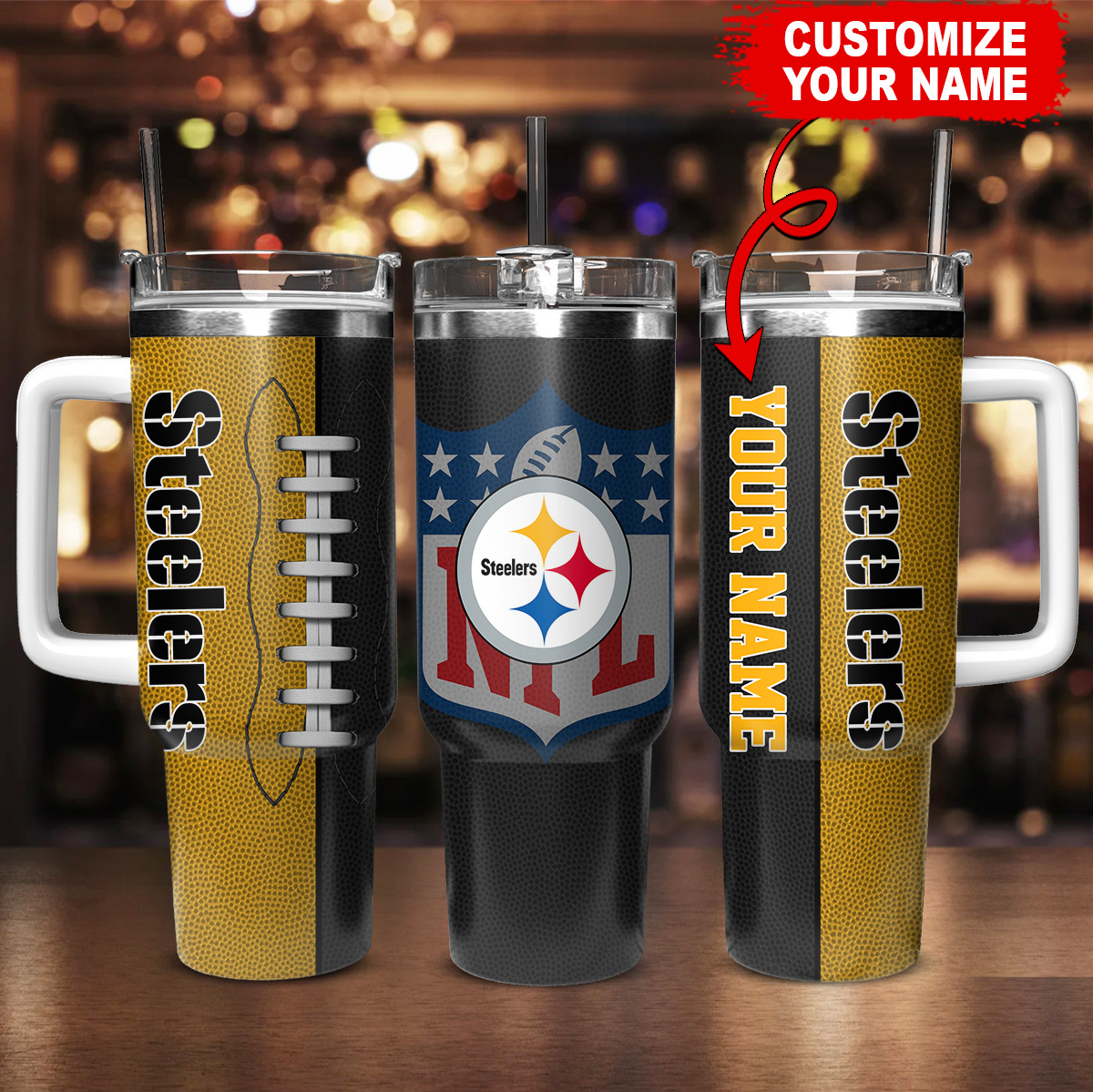 Customizable Steelers Tumbler with Straw - Personalized NFL Fan Gift - Image 2