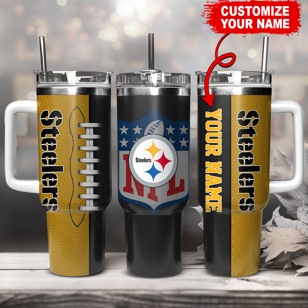 Customizable Steelers Tumbler with Straw - Personalized NFL Fan Gift