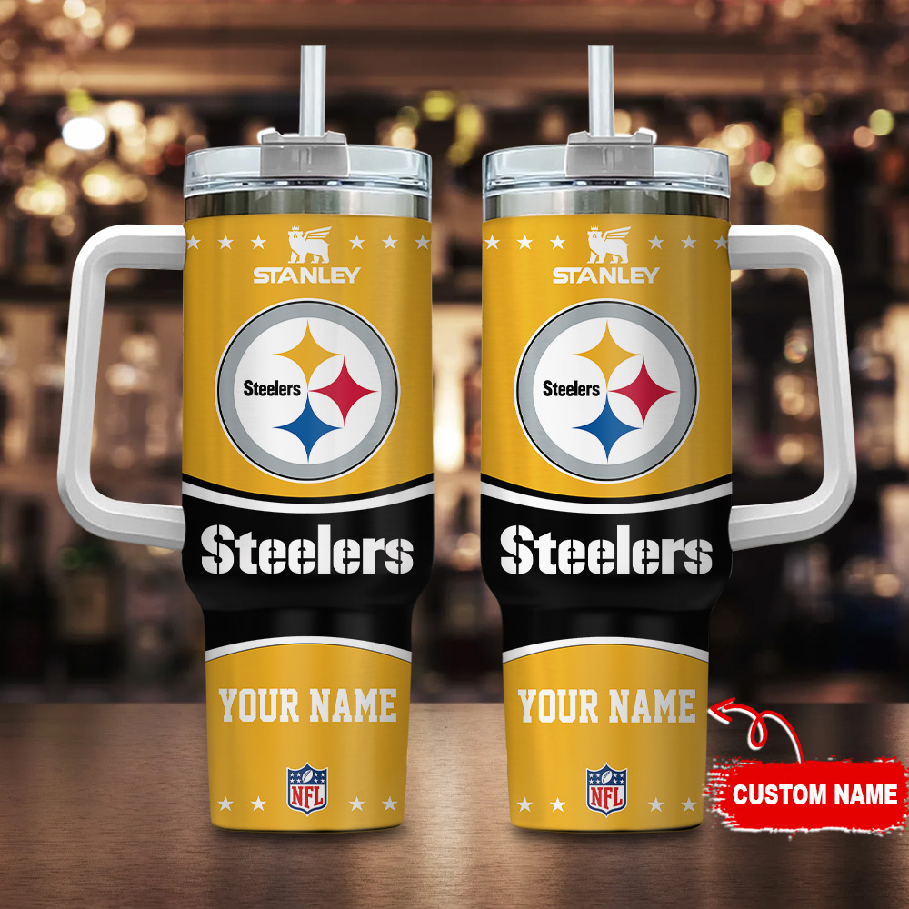 Personalized Steelers Tumbler - Custom Name Stanley Cup with Handle & Straw