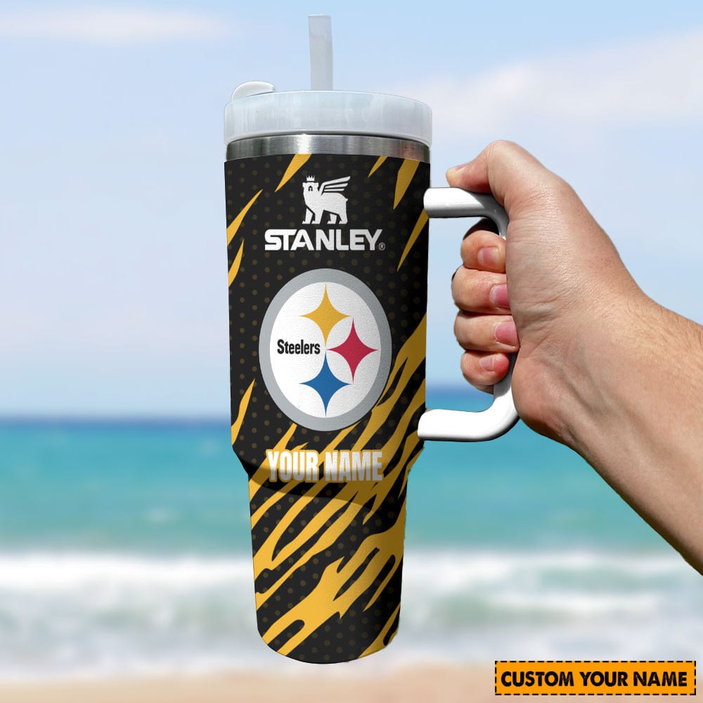 Custom Steelers Tumbler - Personalized Insulated Mug with Handle & Straw - Image 3