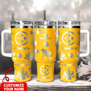 Customizable Steelers Tumbler - Personalized Stainless Steel Travel Mug with Handle