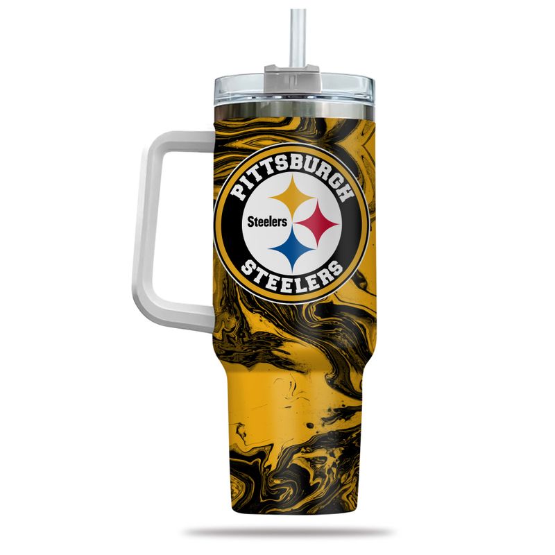 Pittsburgh Steelers Tumbler - Insulated Travel Mug with Handle & Straw - Image 3