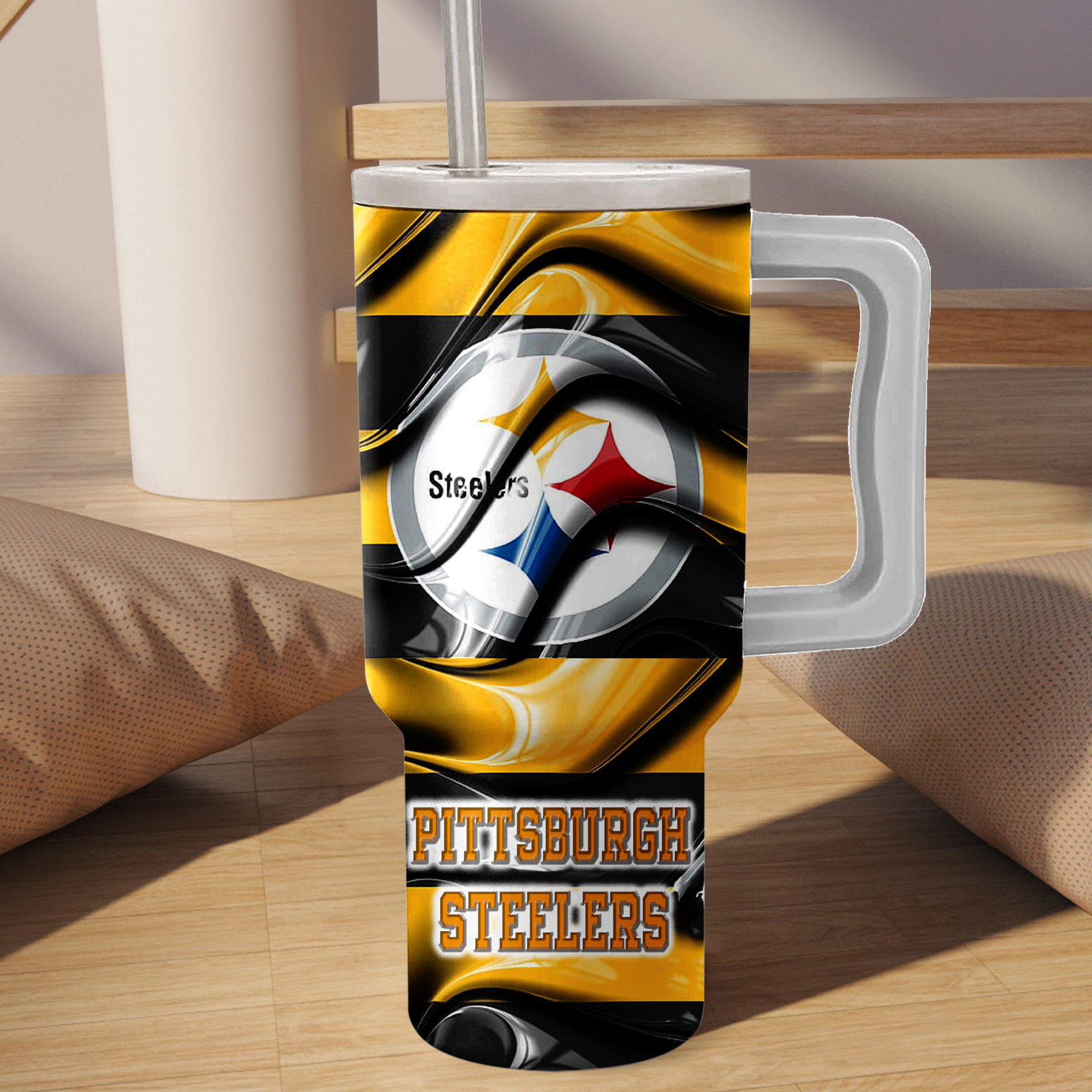 Pittsburgh Steelers Travel Mug with Handle - Insulated Tumbler for Hot & Cold Drinks - Image 3