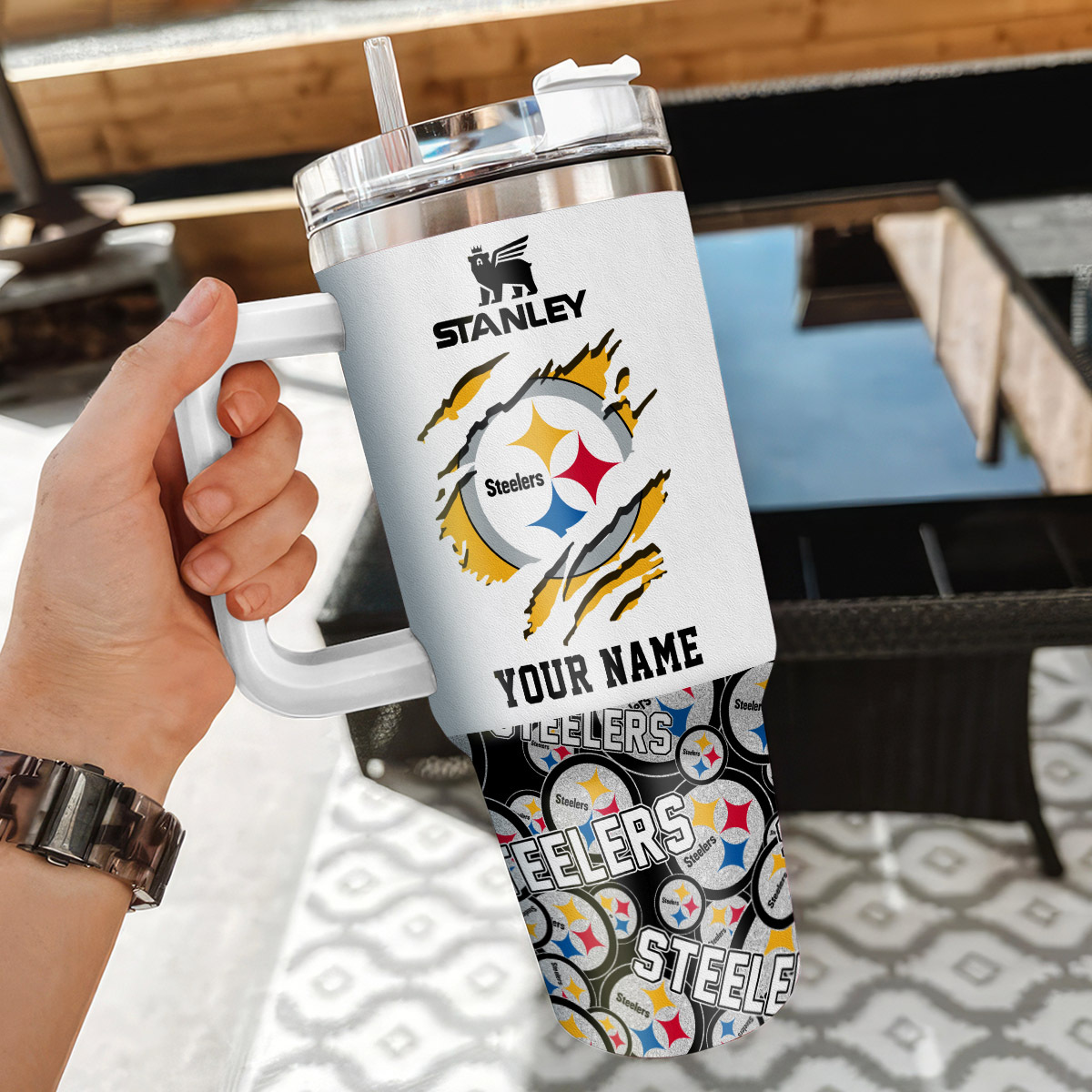 Customizable Steelers Tumbler with Handle - Personalized Name Gift - Image 3