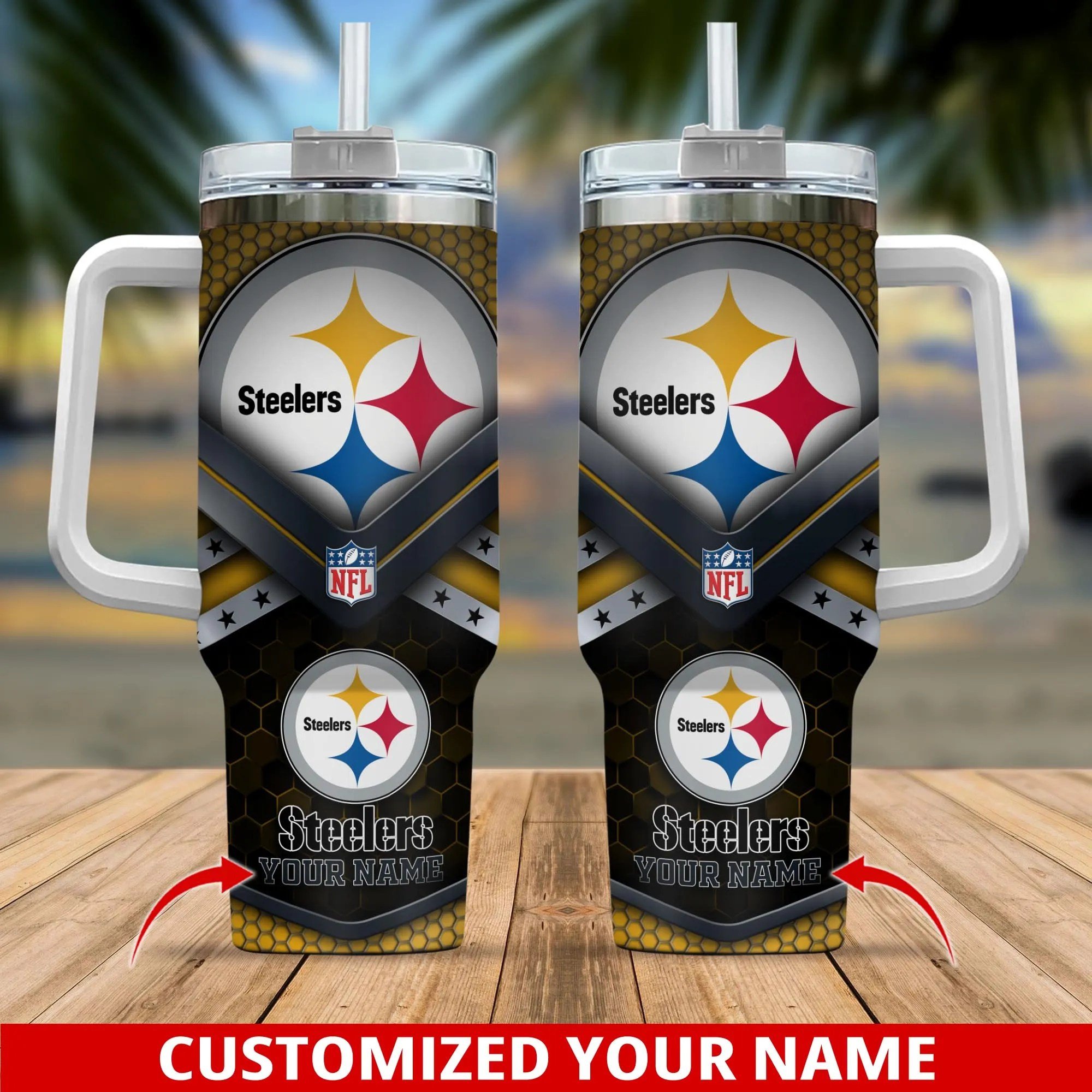 Personalized Steelers Tumbler with Handle - Custom Name NFL Drinkware Gift