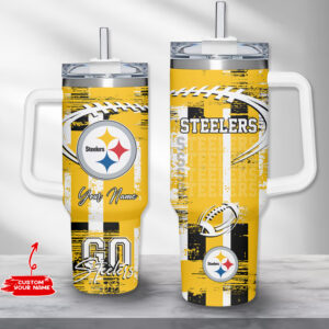 Custom Steelers Tumbler with Handle & Straw - Personalized Football Fan Gift