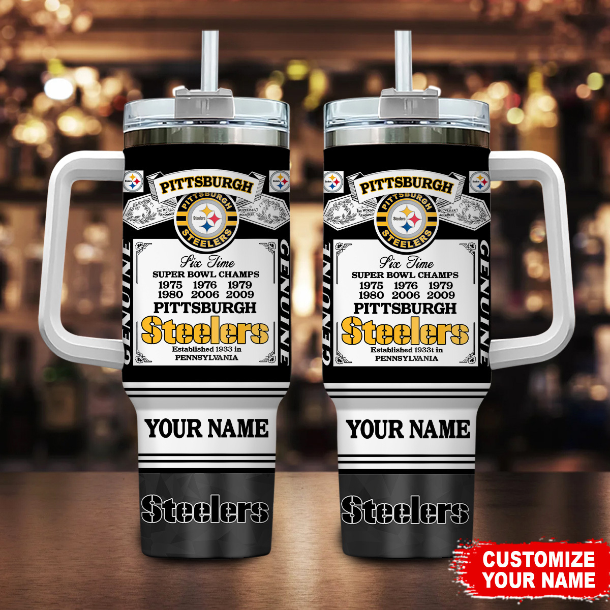 Personalized Pittsburgh Steelers Tumbler with Handle - Custom Name & Straw