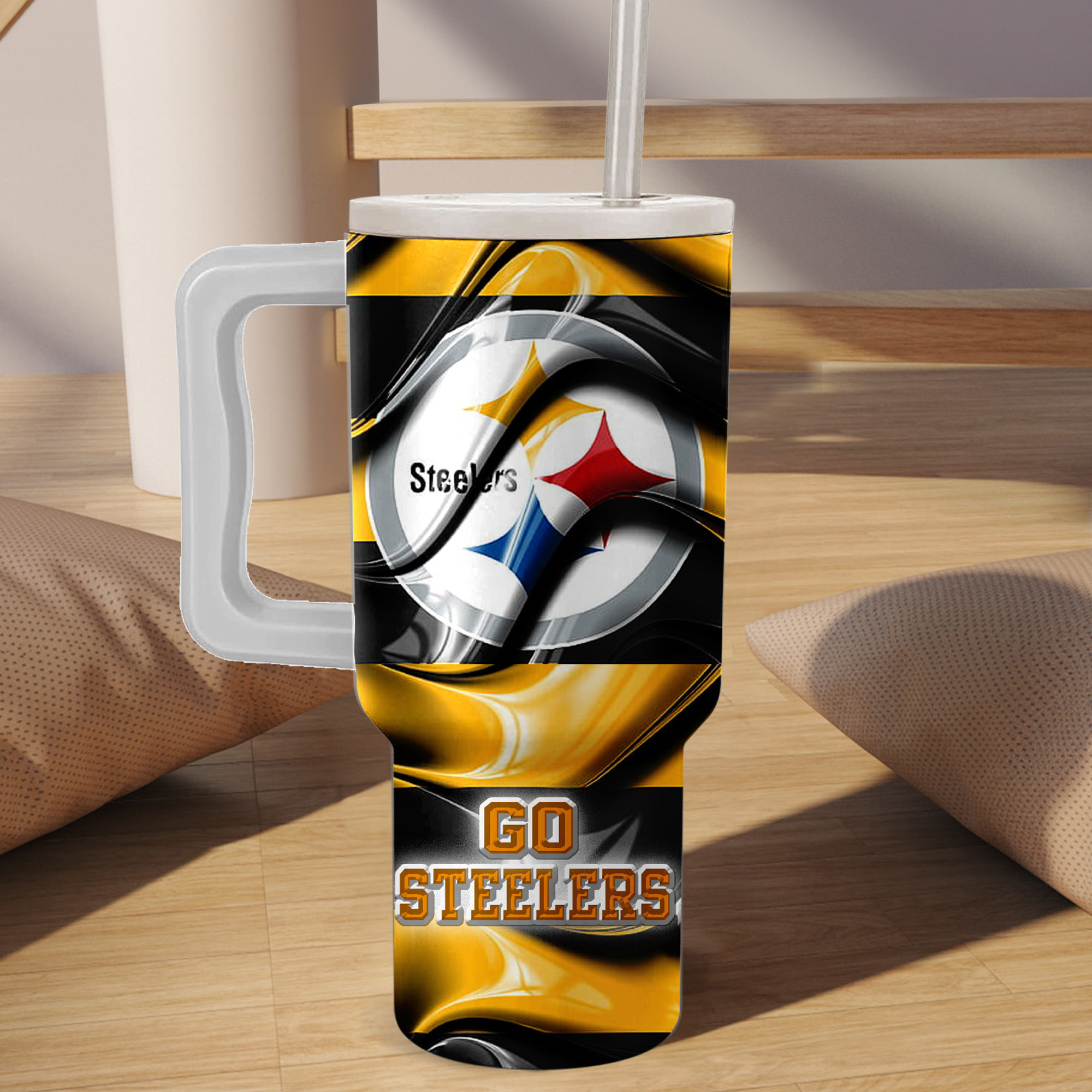 Pittsburgh Steelers Travel Mug with Handle - Insulated Tumbler for Hot & Cold Drinks - Image 2
