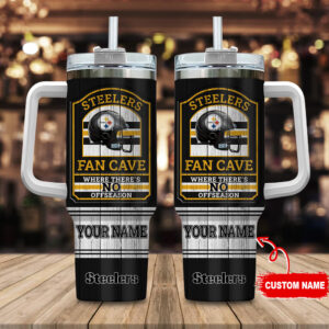 Custom Name Steelers Fan Cave Tumbler with Handle - Perfect Gift for Football Lovers