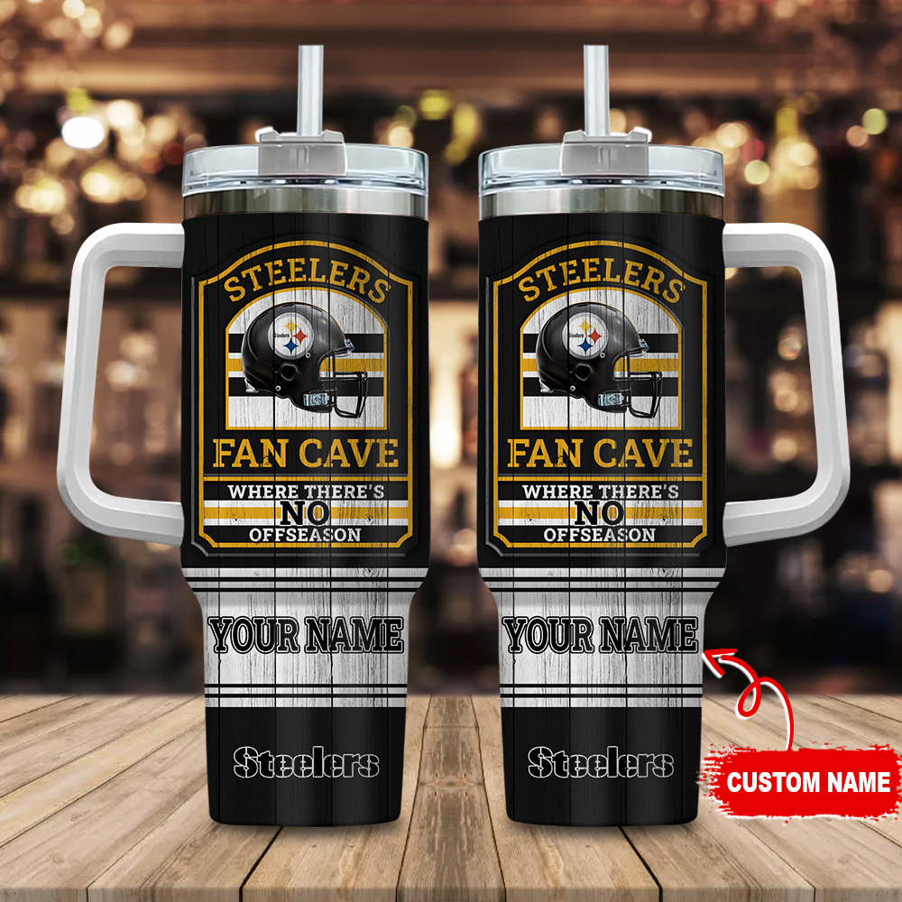 Custom Name Steelers Fan Cave Tumbler with Handle - Perfect Gift for Football Lovers