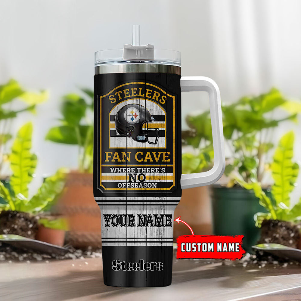 Custom Name Steelers Fan Cave Tumbler with Handle - Perfect Gift for Football Lovers - Image 2