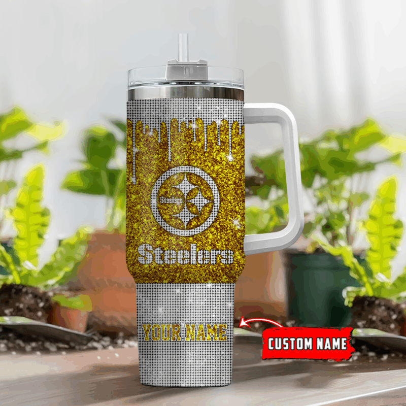 Pittsburgh Steelers NFL Glitter Custom Stanley Quencher 40oz Stainless Steel Tumbler With Handle - Threewoofs - Image 2