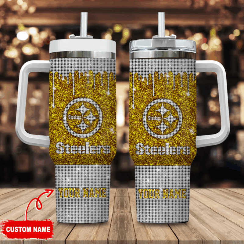 Pittsburgh Steelers NFL Glitter Custom Stanley Quencher 40oz Stainless Steel Tumbler With Handle - Threewoofs