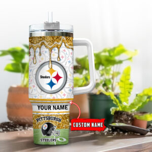 Custom Pittsburgh Steelers Tumbler with Handle - Personalized Name & Glitter Design