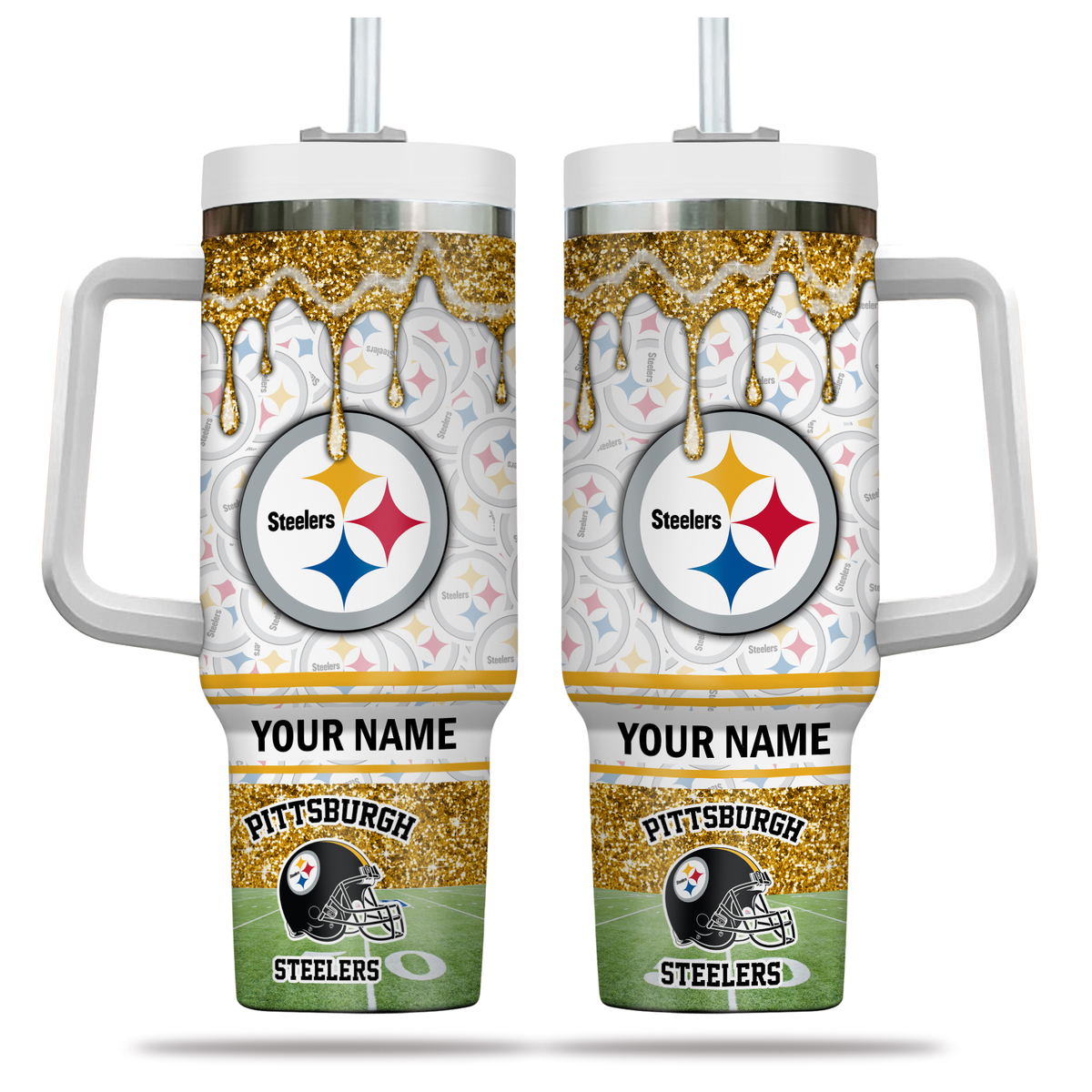 Custom Pittsburgh Steelers Tumbler with Handle - Personalized Name & Glitter Design - Image 2