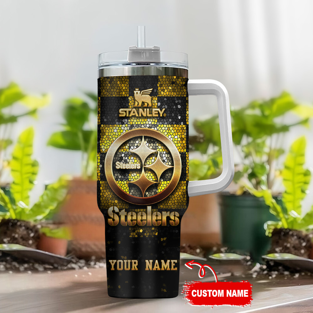 Customizable Steelers Stainless Steel Tumbler with Handle & Straw - Image 2