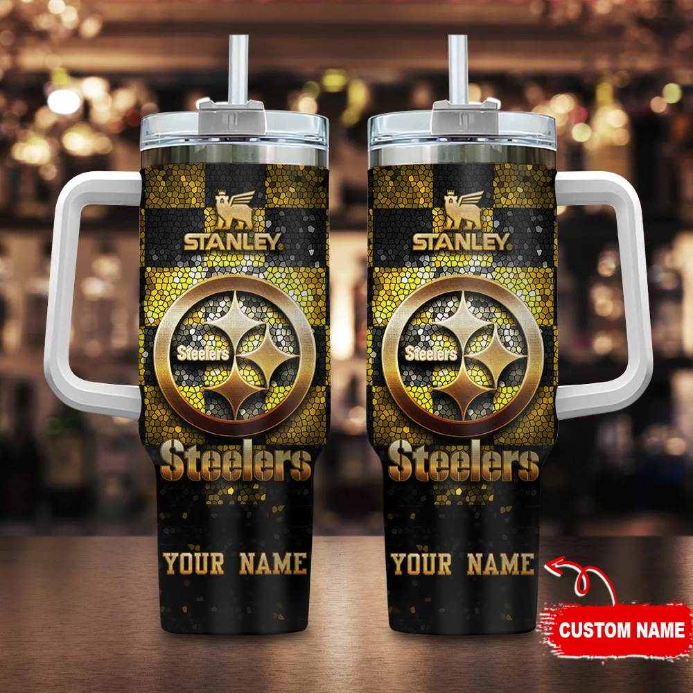 Customizable Steelers Stainless Steel Tumbler with Handle & Straw