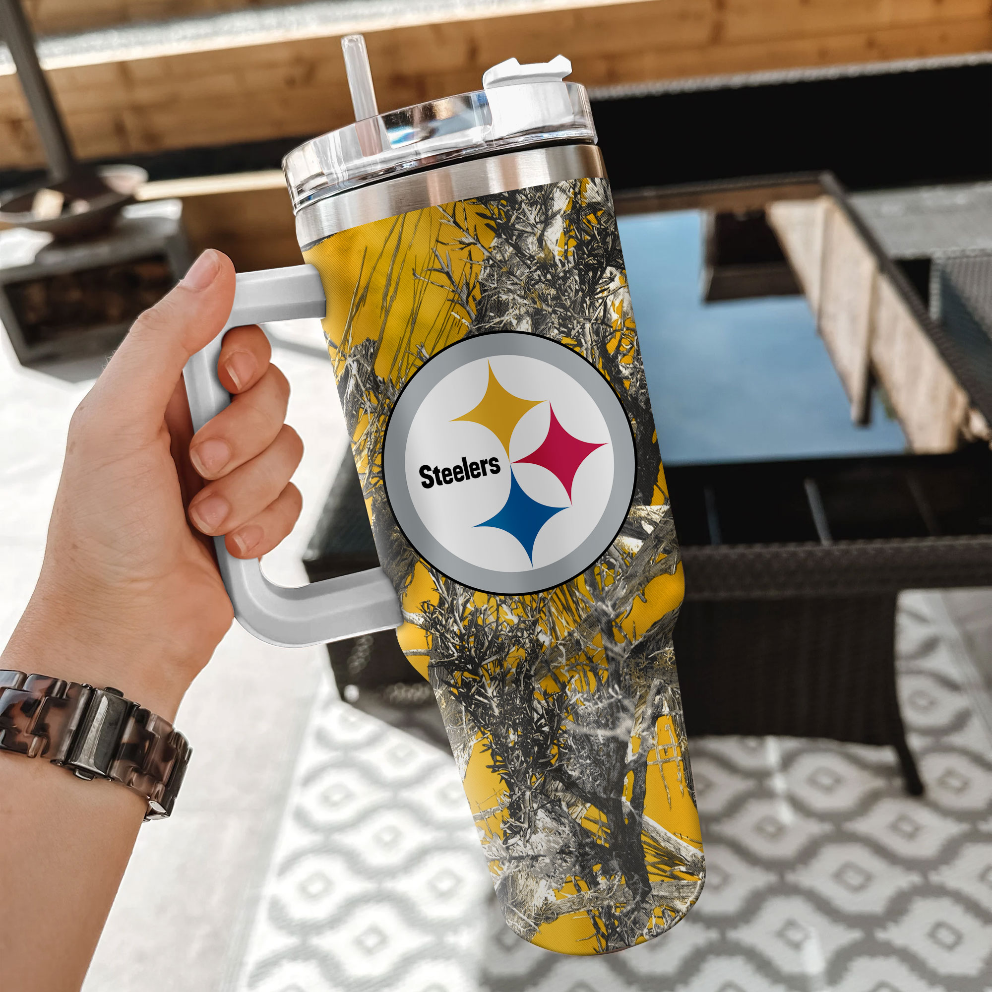 Pittsburgh Steelers Camo Travel Mug - Keep Drinks Hot or Cold, Perfect for Fans - Image 2