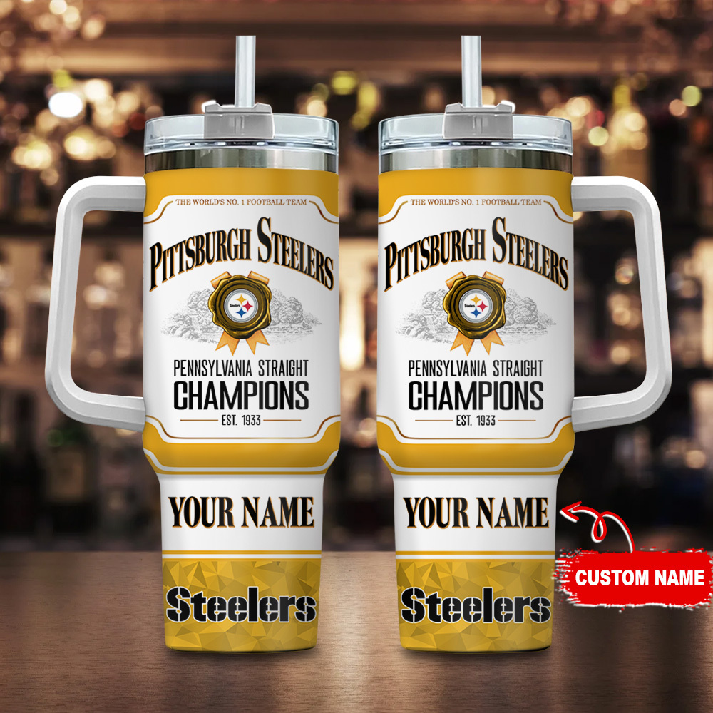 Custom Pittsburgh Steelers Champions Tumbler with Handle - Personalize Your Drinkware