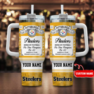 Custom Name Pittsburgh Football Team Stainless Steel Tumbler with Handle & Straw