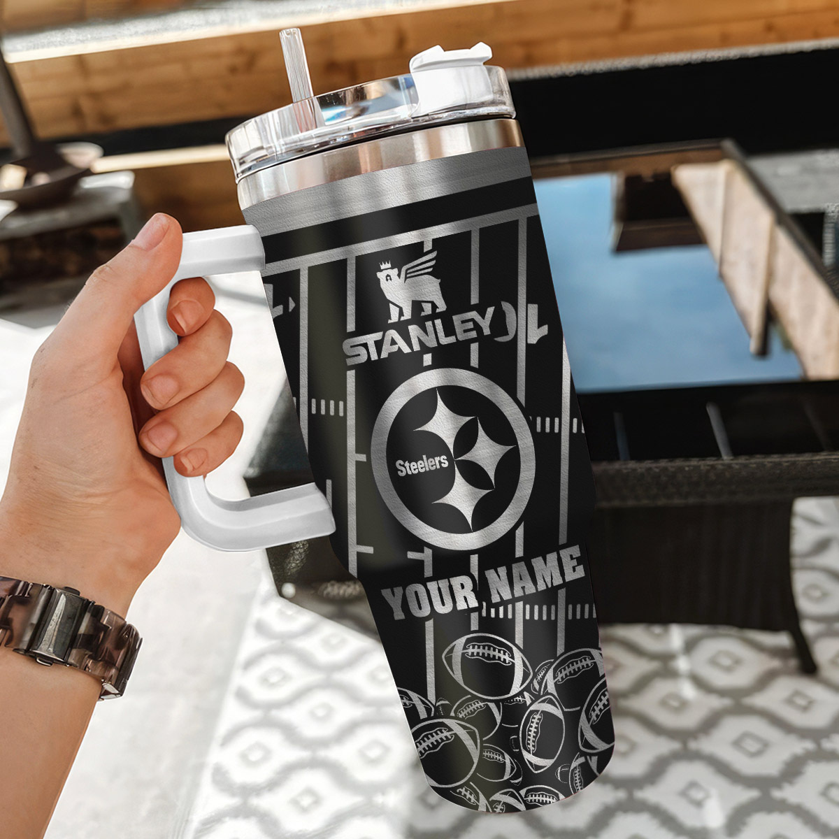 Personalized Stanley Steelers Football Tumbler with Handle & Straw - Image 3