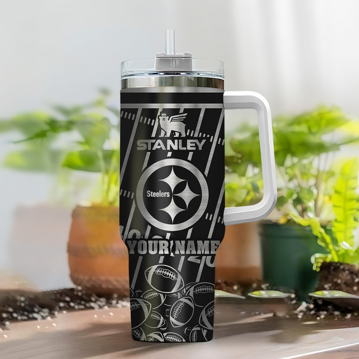 Personalized Stanley Steelers Football Tumbler with Handle & Straw - Image 2