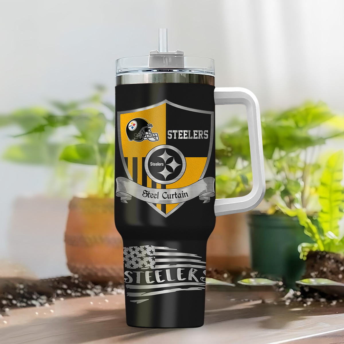Customizable Steelers Tumbler with Handle & Straw - Perfect Gift for Fans - Image 2