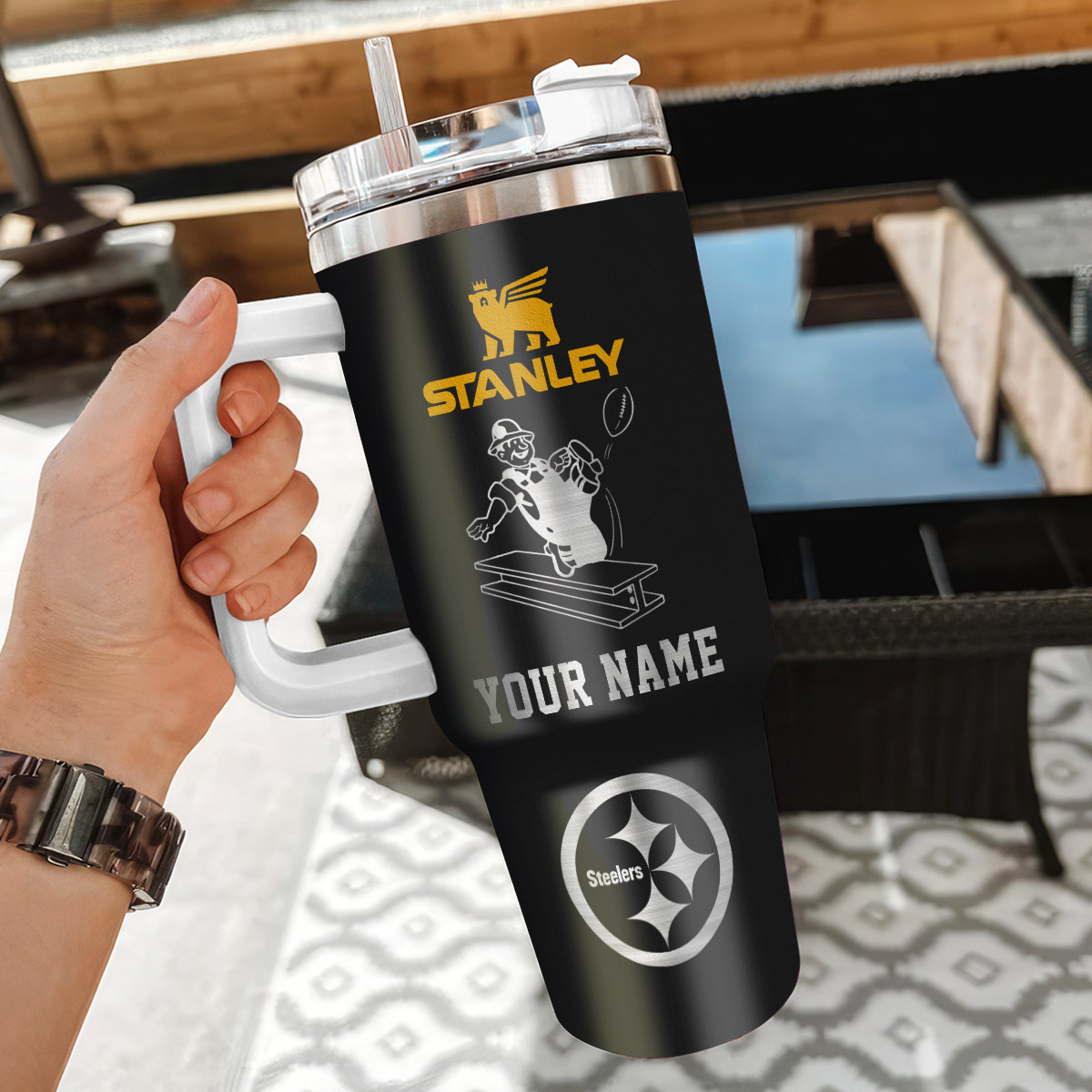 Customizable Steelers Tumbler with Handle & Straw - Perfect Gift for Fans - Image 3