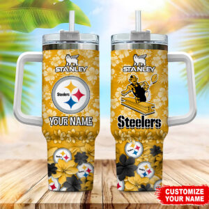 Personalized Steelers Floral Tumbler with Handle - Custom Name