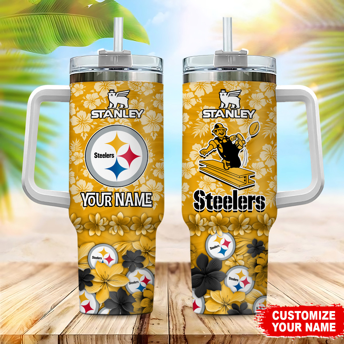 Personalized Steelers Floral Tumbler with Handle - Custom Name