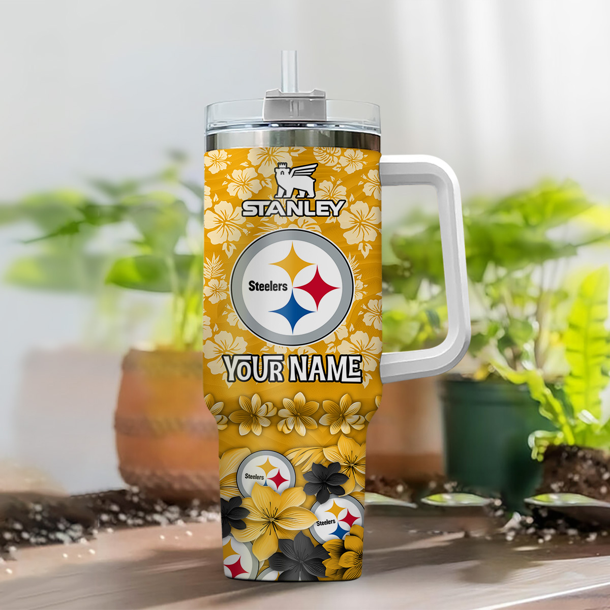 Personalized Steelers Floral Tumbler with Handle - Custom Name - Image 2