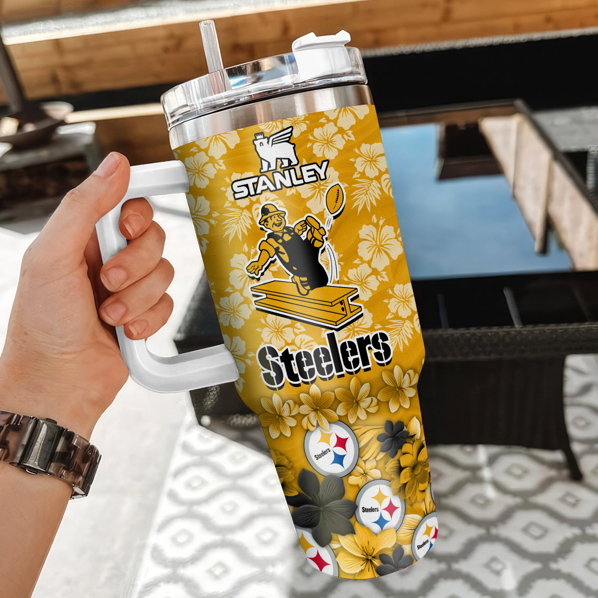 Personalized Steelers Floral Tumbler with Handle - Custom Name - Image 3
