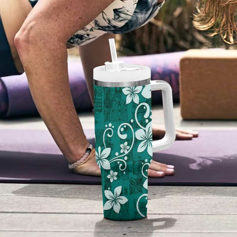 Plumeria Floral Tapa Crystal Teal Custom Stanley Quencher 40oz Stainless Steel Tumbler With Handle - Threewoofs - Image 6