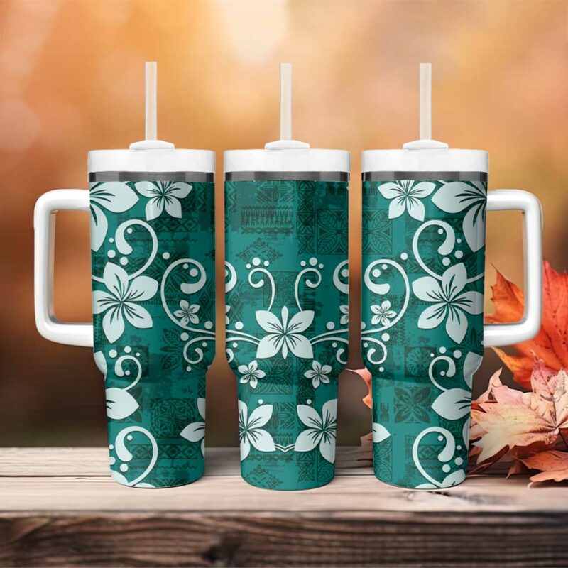 Plumeria Floral Tapa Crystal Teal Custom Stanley Quencher 40oz Stainless Steel Tumbler With Handle - Threewoofs - Image 4