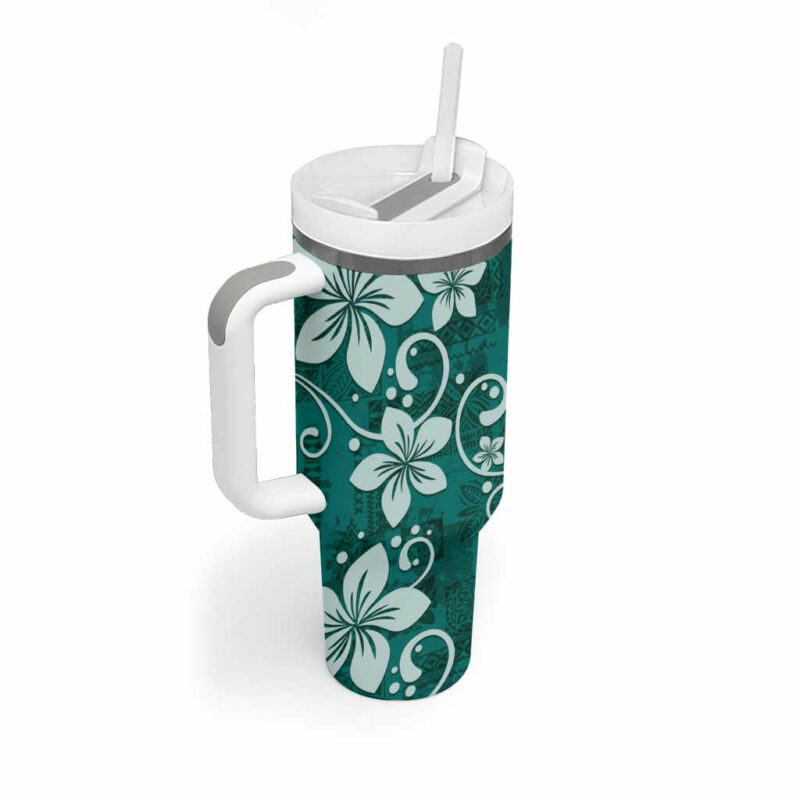 Plumeria Floral Tapa Crystal Teal Custom Stanley Quencher 40oz Stainless Steel Tumbler With Handle - Threewoofs - Image 2