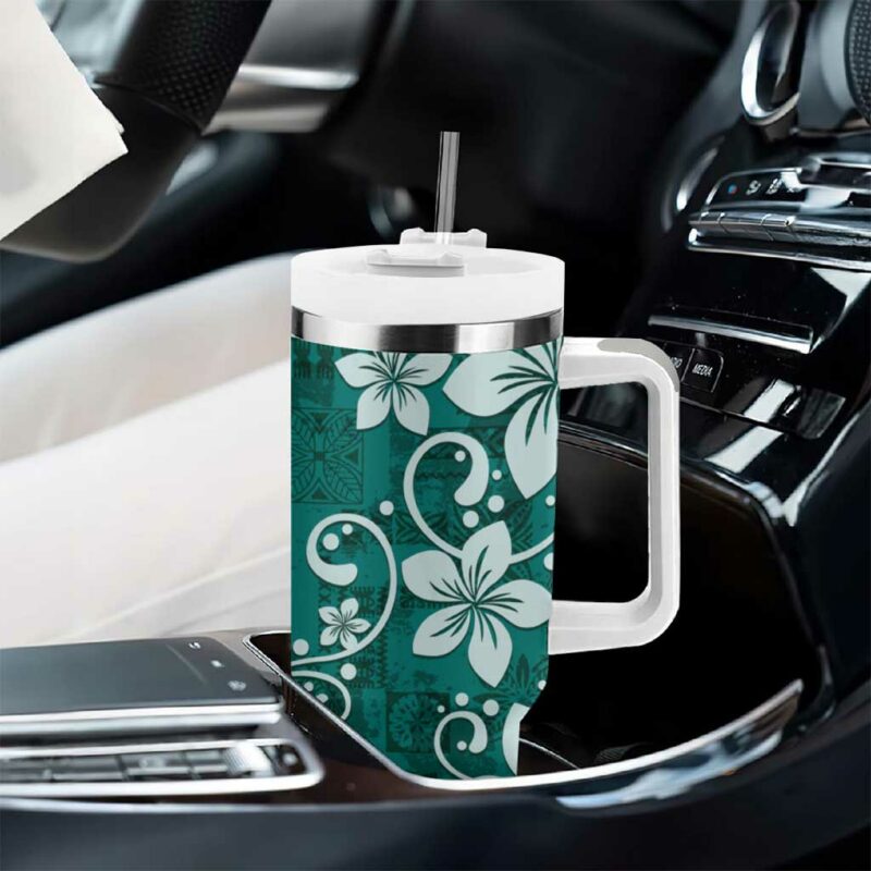 Plumeria Floral Tapa Crystal Teal Custom Stanley Quencher 40oz Stainless Steel Tumbler With Handle - Threewoofs - Image 8