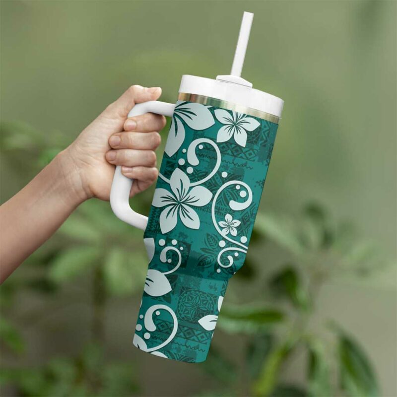 Plumeria Floral Tapa Crystal Teal Custom Stanley Quencher 40oz Stainless Steel Tumbler With Handle - Threewoofs - Image 3