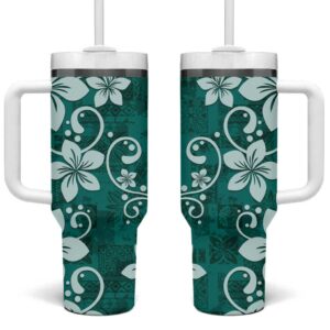 Plumeria Floral Tapa Crystal Teal Custom Stanley Quencher 40oz Stainless Steel Tumbler With Handle - Threewoofs