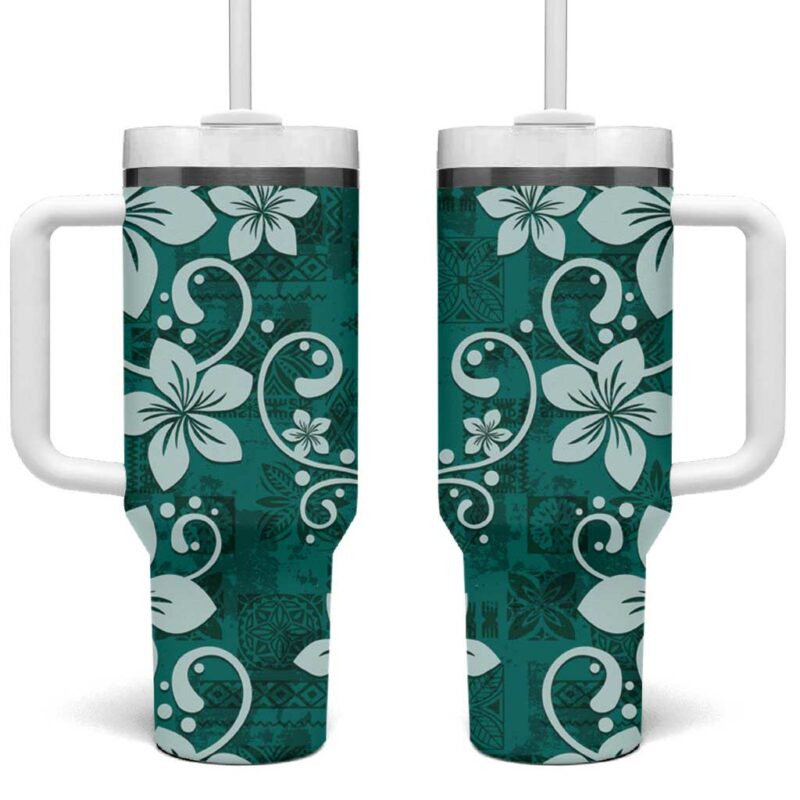 Plumeria Floral Tapa Crystal Teal Custom Stanley Quencher 40oz Stainless Steel Tumbler With Handle - Threewoofs