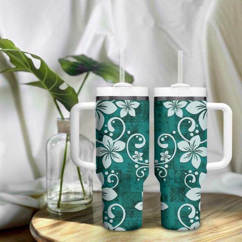 Plumeria Floral Tapa Crystal Teal Custom Stanley Quencher 40oz Stainless Steel Tumbler With Handle - Threewoofs - Image 9
