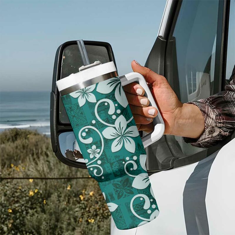 Plumeria Floral Tapa Crystal Teal Custom Stanley Quencher 40oz Stainless Steel Tumbler With Handle - Threewoofs - Image 7
