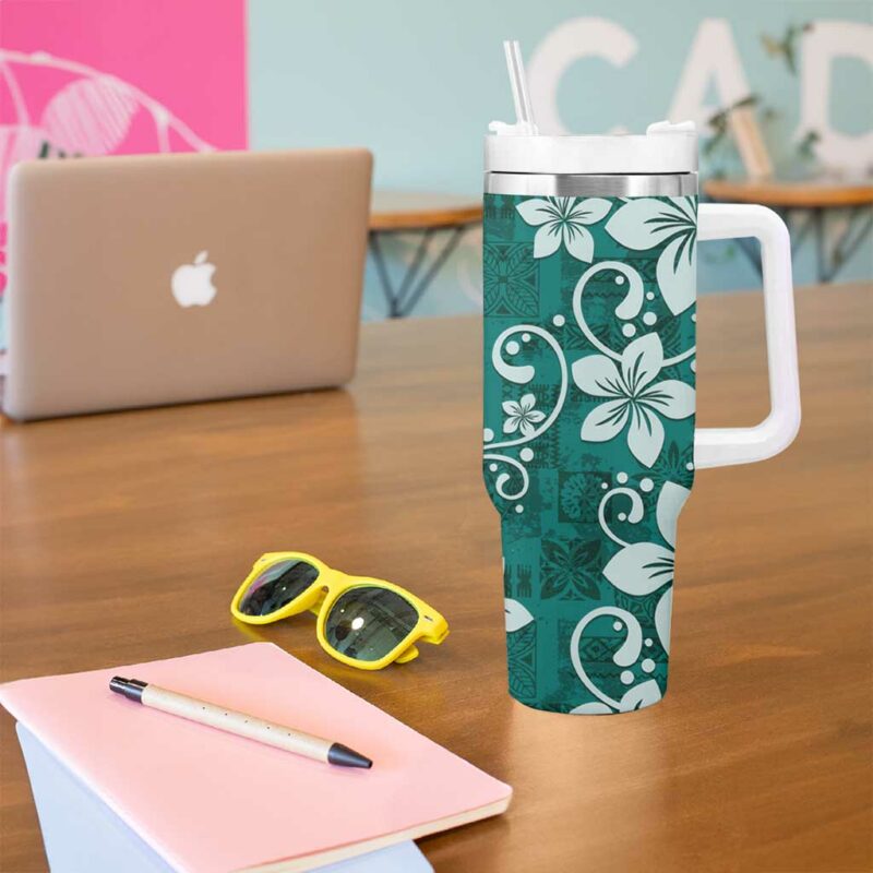 Plumeria Floral Tapa Crystal Teal Custom Stanley Quencher 40oz Stainless Steel Tumbler With Handle - Threewoofs - Image 5