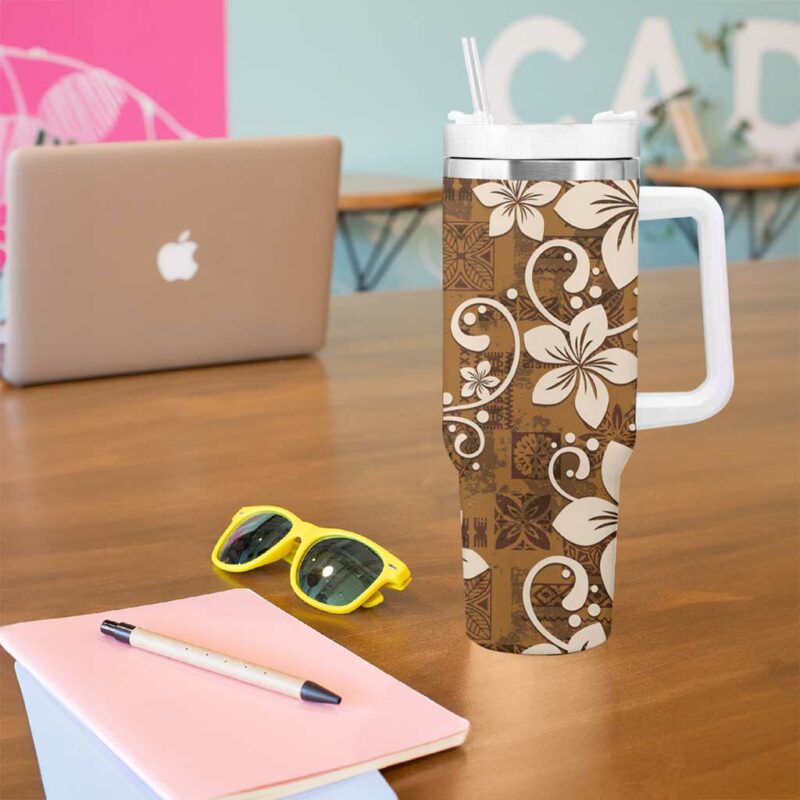Plumeria Floral Tapa Vintage Gold Custom Stanley Quencher 40oz Stainless Steel Tumbler With Handle - Threewoofs - Image 5