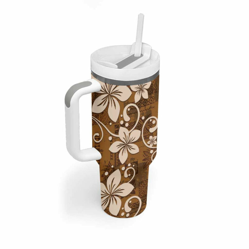 Plumeria Floral Tapa Vintage Gold Custom Stanley Quencher 40oz Stainless Steel Tumbler With Handle - Threewoofs - Image 2