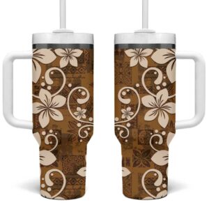 Plumeria Floral Tapa Vintage Gold Custom Stanley Quencher 40oz Stainless Steel Tumbler With Handle - Threewoofs