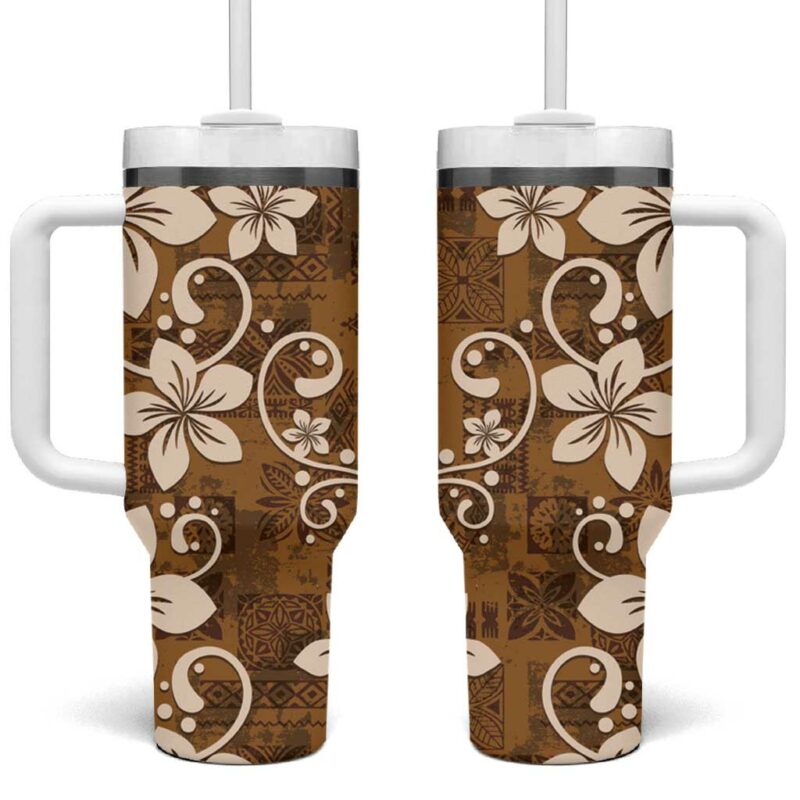 Plumeria Floral Tapa Vintage Gold Custom Stanley Quencher 40oz Stainless Steel Tumbler With Handle - Threewoofs