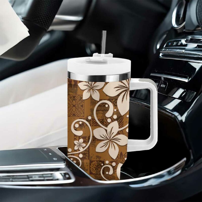 Plumeria Floral Tapa Vintage Gold Custom Stanley Quencher 40oz Stainless Steel Tumbler With Handle - Threewoofs - Image 8